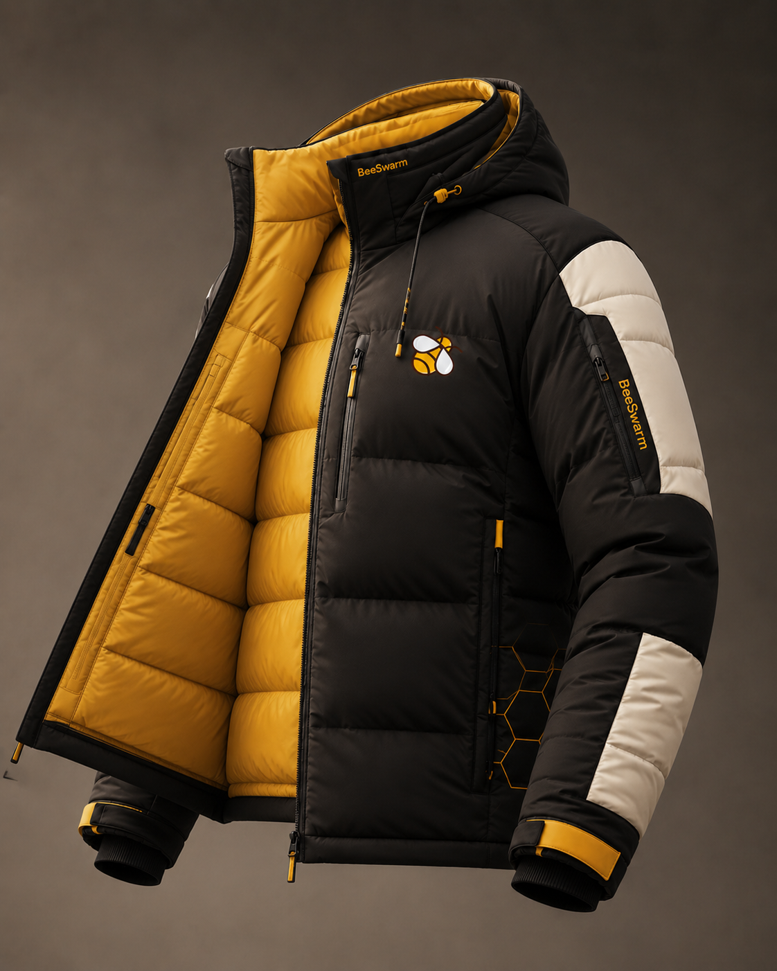 Jaqueta BeeSwarm aberta mostrando forro amarelo interno